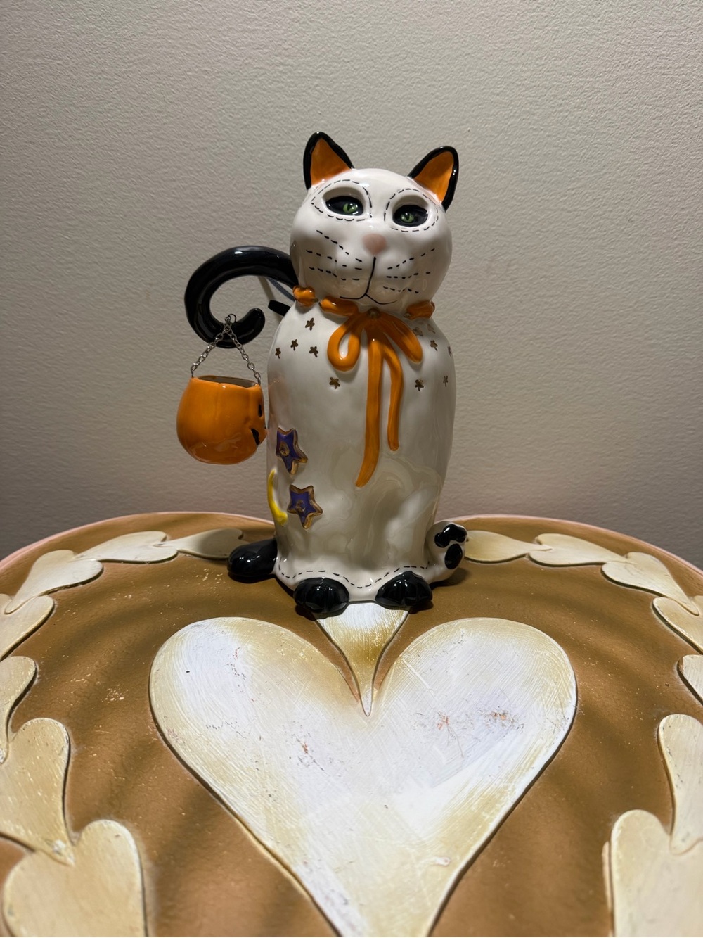 Blue Sky Ceramic Halloween Ghost Cat with Pumpkin Treat Pail
